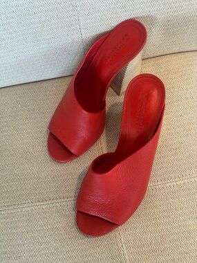 MERCEDES CASTILLO Red Leather Open-Toe Block Heel Mules